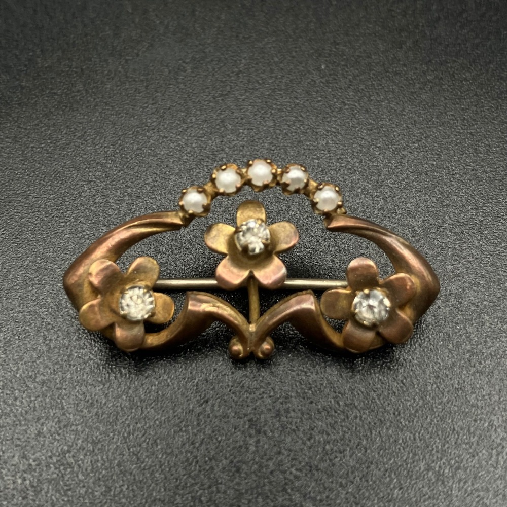 Victorian Brooch Gold Tone Flower Seed Pearl Clear Paste 1.25"